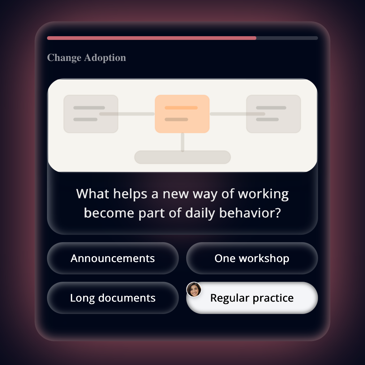 MAGMA Mentor practice screen showing a change adoption learning activity